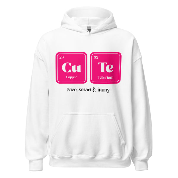 Front view of a white hoodie with pink “Cu Te” element squares and “Nice, smart & funny” text