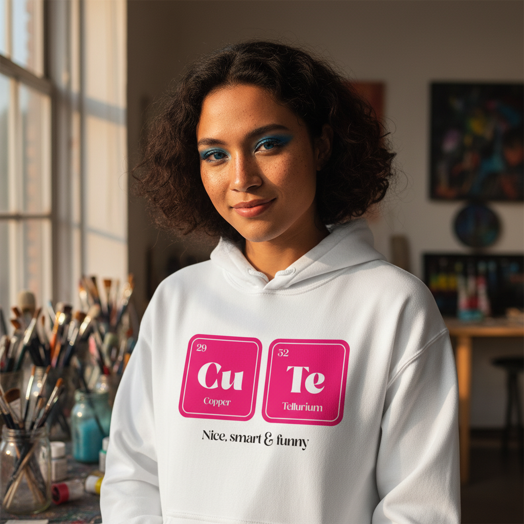 Young woman in an art studio wears the CuTe Nice Smart & Funny Unisex Hoodie, showcasing bold pink Cu and Te squares, embodying empowerment and queer pride with style and comfort.