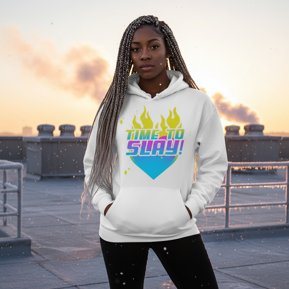 Model wearing a white hoodie with flaming heart graphic and “TIME TO SLAY!” text on a rooftop