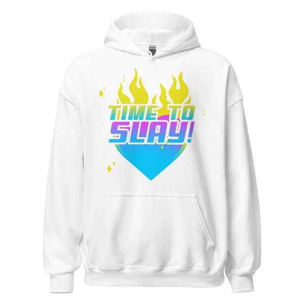 White Time To Slay! Unisex Hoodie with a stylized heart graphic in blue-purple gradient, yellow flames, and TIME TO SLAY! slogan. Features front pouch pocket and drawstring hood, embodying pride and self-expression.