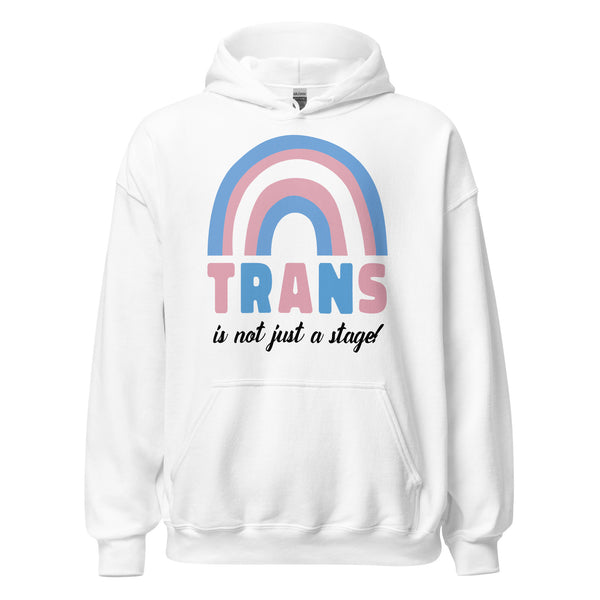 White hoodie featuring a stylized transgender pride rainbow and bold TRANS text, promoting empowerment and self-expression. Perfect for celebrating queer identity with comfort and pride. Unisex design.