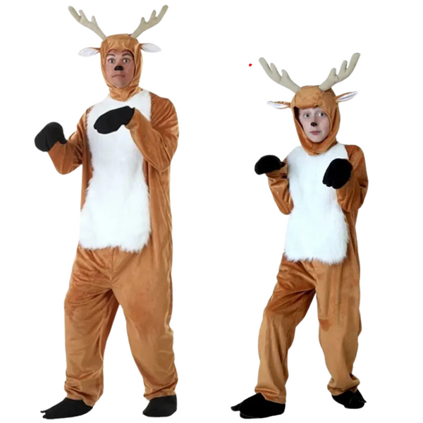 Two models in brown reindeer costumes with antlers, white bellies, and black hooves