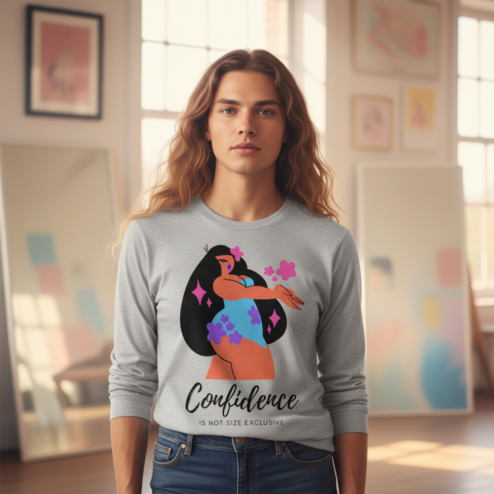 Body Confidence Unisex Long Sleeve Tee in gray, with art of a woman, flowers, and slogan: "Confidence is not size exclusive.