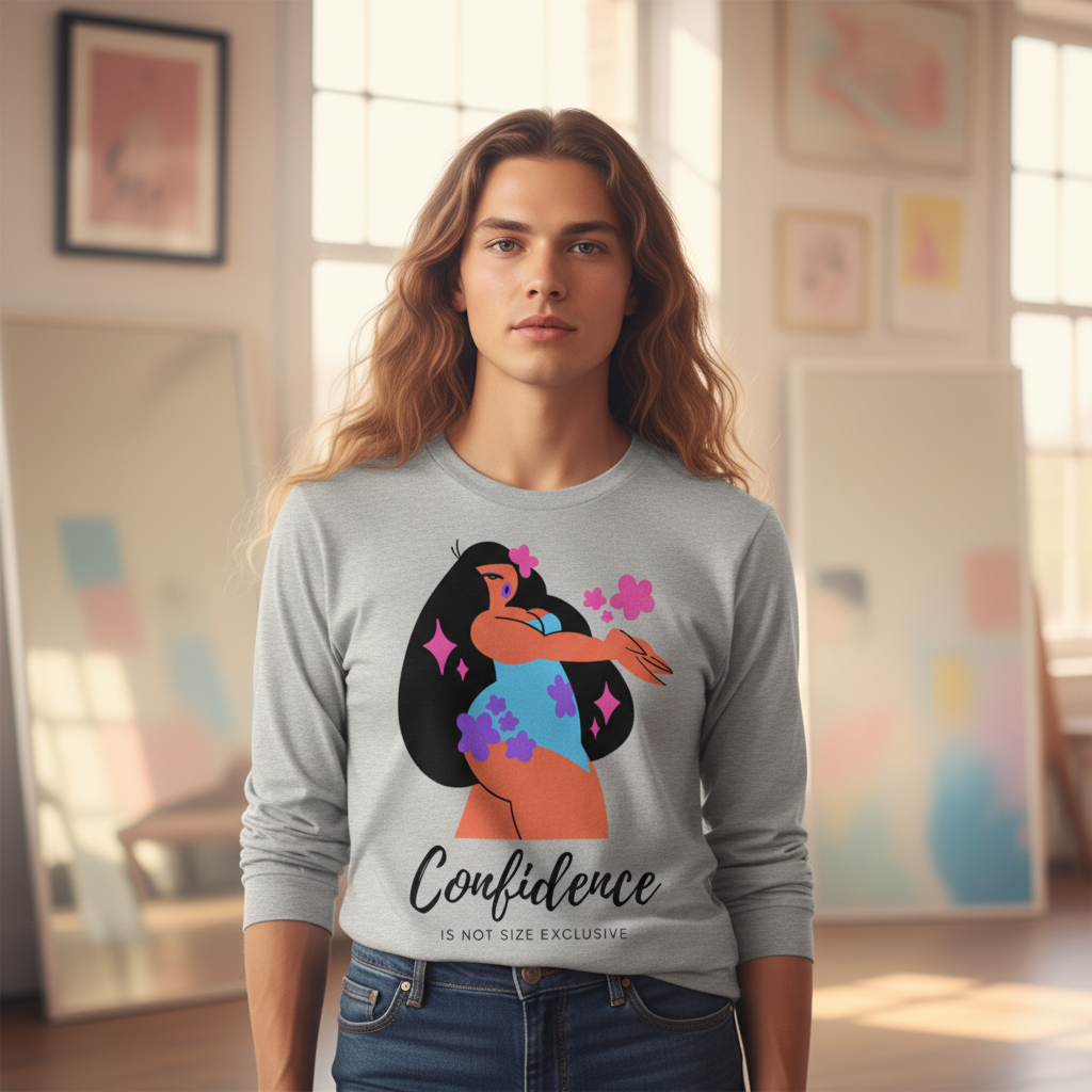 Body Confidence Unisex Long Sleeve Tee in gray, with art of a woman, flowers, and slogan: "Confidence is not size exclusive.