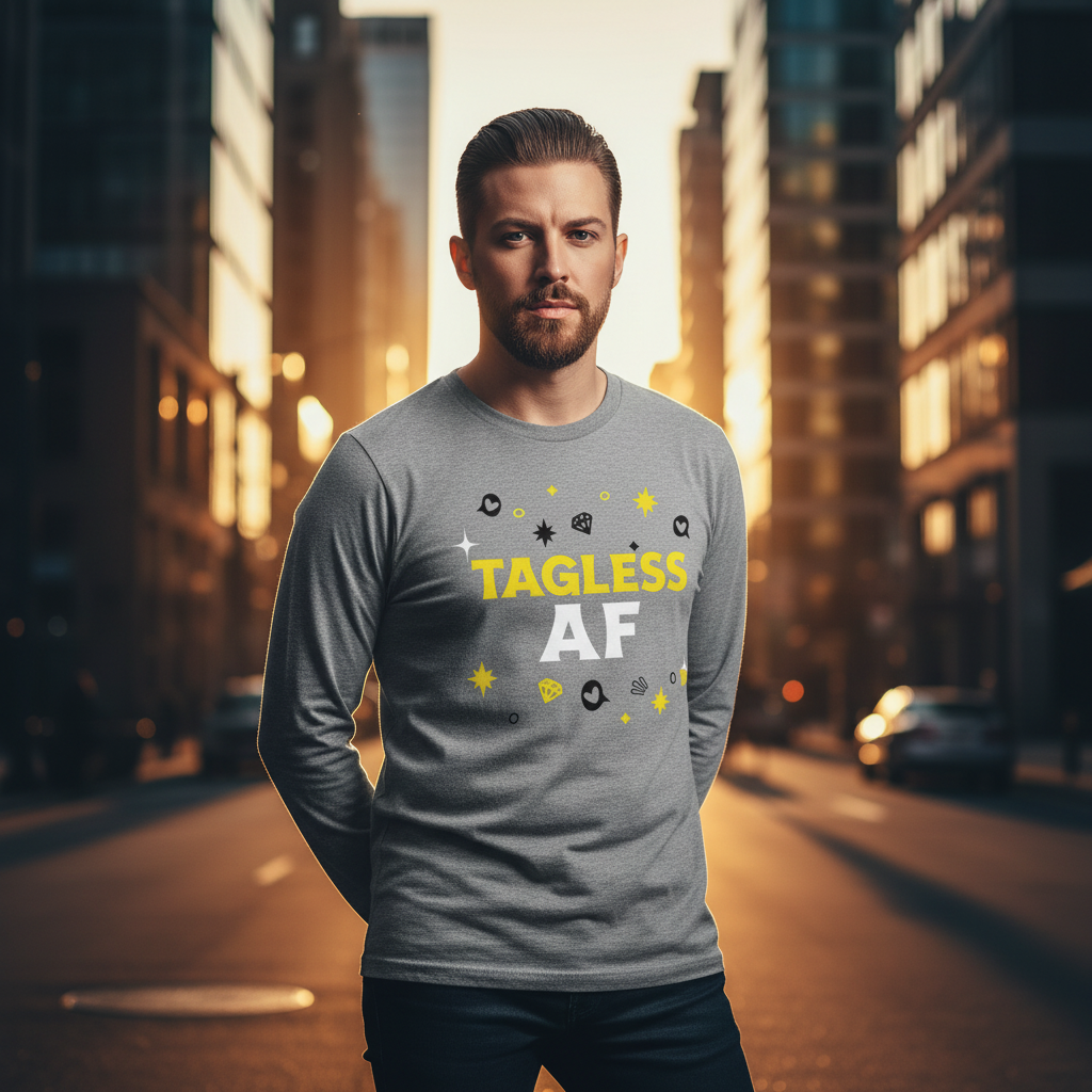 Bearded man in a Tagless AF Unisex Long Sleeve T-Shirt, showcasing prideful, empowering queer identity amidst a sunset cityscape. A bold expression of LGBTQIA+ pride and self-expression.