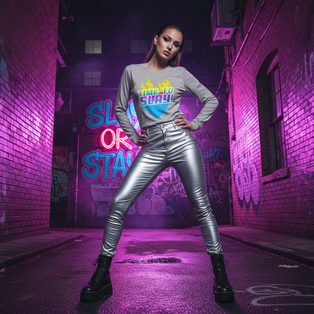 Model wearing a gray long-sleeve shirt reading “TIME TO SLAY!” in a neon-lit alley