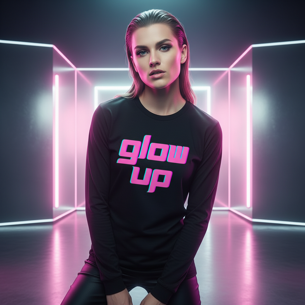 Glow Up Unisex Long Sleeve T-Shirt with bold pink and blue text, worn by a woman in a neon-lit, queer-coded futuristic space.