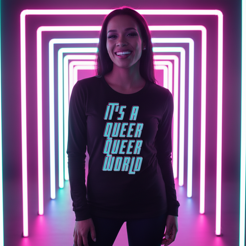 Black long-sleeve shirt reading “IT’S A QUEER QUEER WORLD” worn in neon-lit tunnel