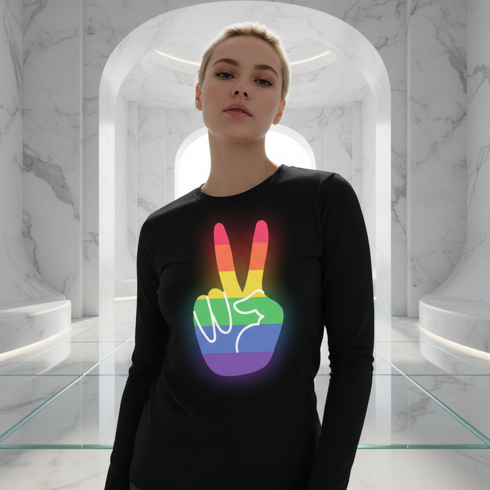 Gay Unisex Long Sleeve T-shirt with a rainbow peace sign hand, worn proudly in a marble hall; bold Pride vibes, queer style.