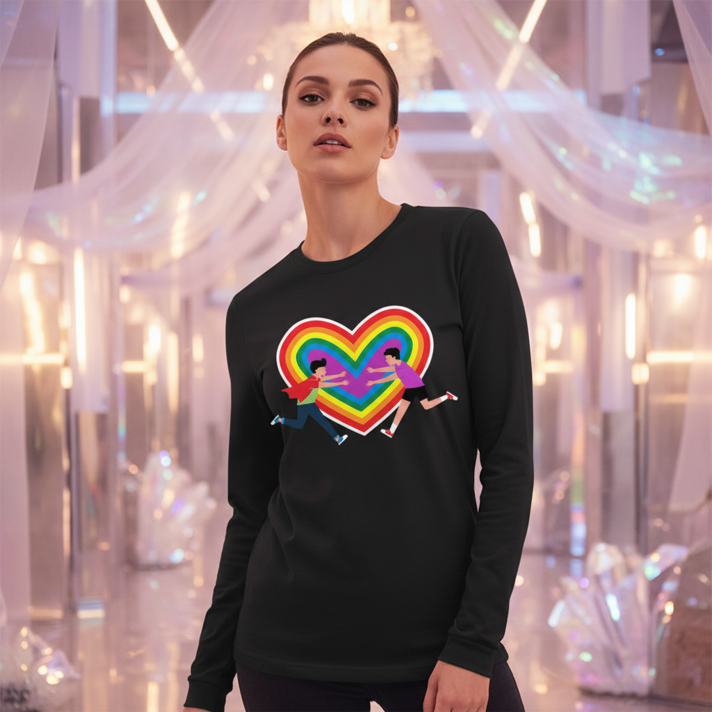 Gay Couple Unisex Long Sleeve T-Shirt with a bold rainbow heart and two cartoon figures running, celebrating LGBTQ+ pride and unity.