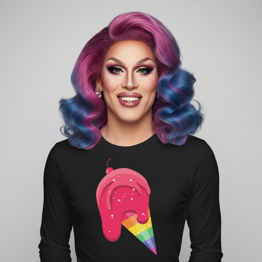 Long sleeve unisex tee with a rainbow-striped dripping ice cream cone, modeled by a drag queen with big pink and blue hair and bold makeup.