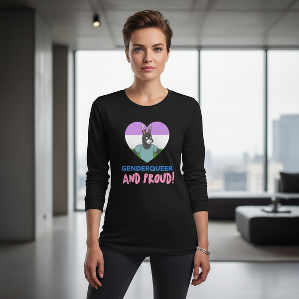 Black unisex long sleeve tee with a heart in genderqueer flag colors, cartoon donkey, and “GENDERQUEER AND PROUD!” text.