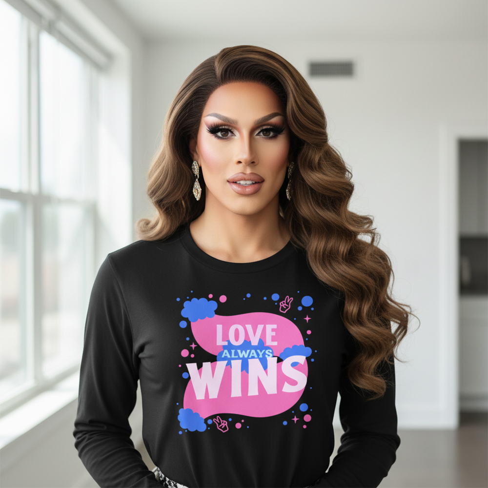 Model wearing a black long-sleeve shirt with a colorful “LOVE ALWAYS WINS” graphic