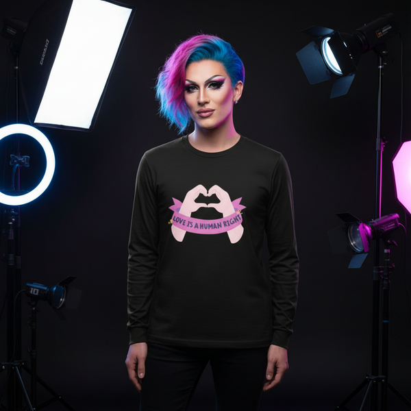 Model wearing a black long-sleeve shirt reading “LOVE IS A HUMAN RIGHT”