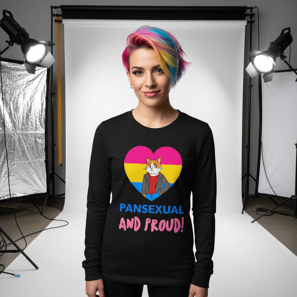 Person models a black long-sleeve shirt reading “PANSEXUAL AND PROUD!” with a cat in a pansexual-color heart