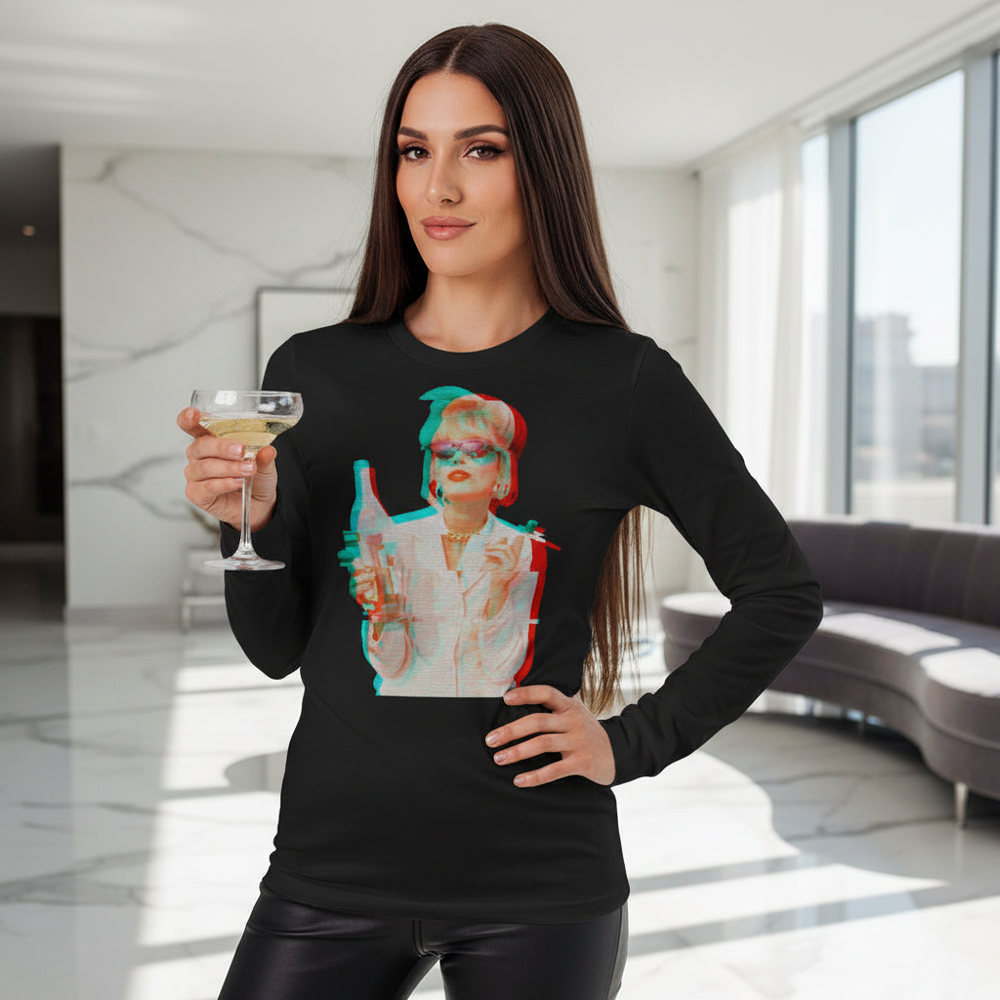 Person modeling a black long-sleeve shirt with a colorful glitch-style portrait, holding a cocktail