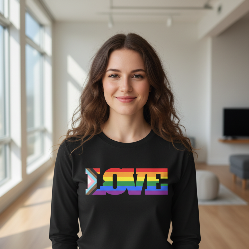 A young woman models the Progress LGBT Love Unisex Long Sleeve T-Shirt, showcasing LOVE in rainbow-progress flag colors on black fabric, embodying queer pride and self-expression in a stylish, inclusive design.
