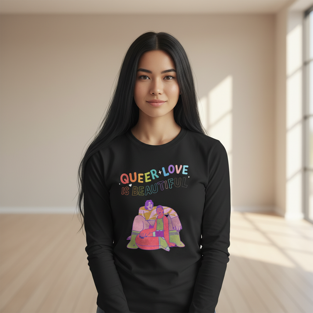 Young woman in a Queer Love Is Beautiful unisex long sleeve t-shirt, showcasing a colorful design of an embracing couple, embodying pride, empowerment, and self-expression in a minimalist room.