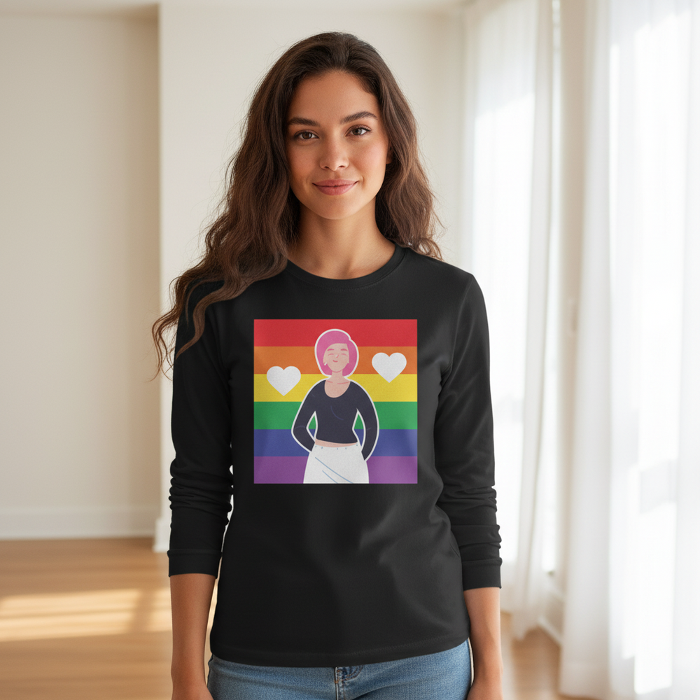 Model wearing a black long-sleeve shirt with a rainbow heart-and-figure graphic