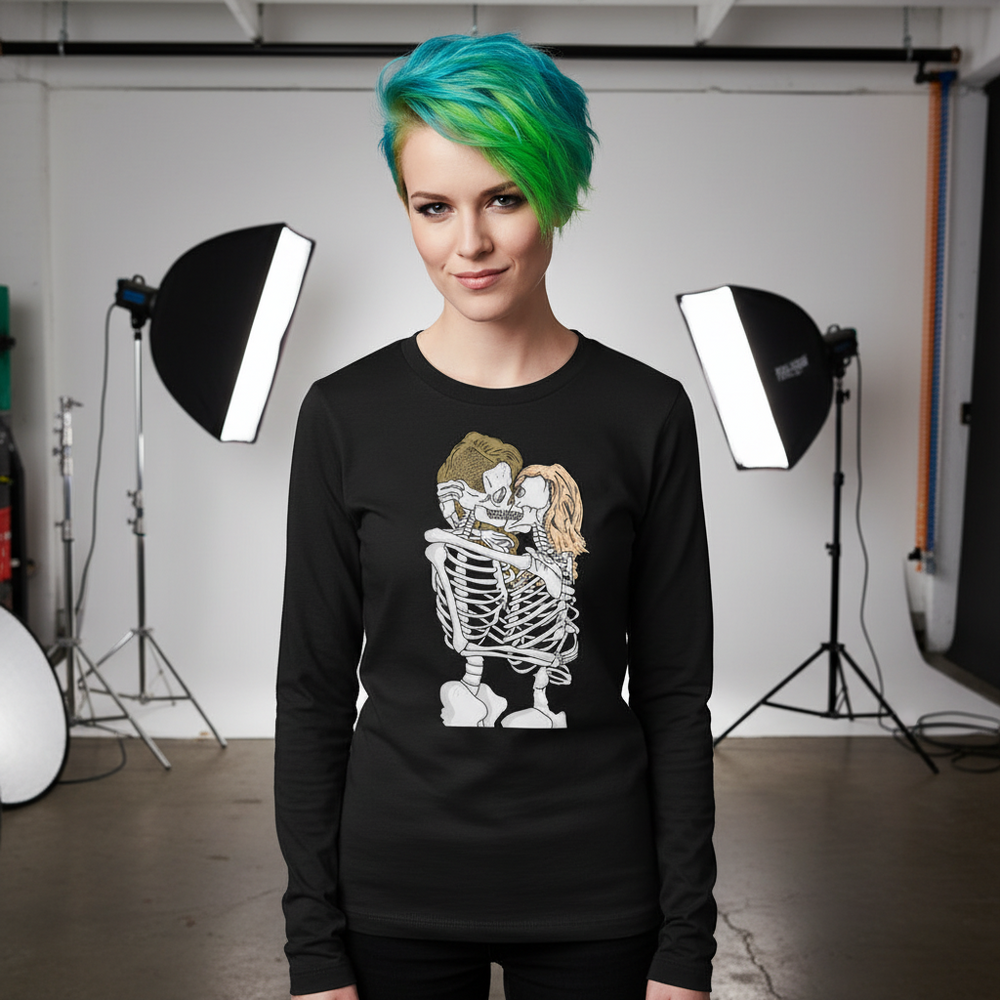 Model wearing a black long-sleeve shirt with two embracing skeletons printed on the front