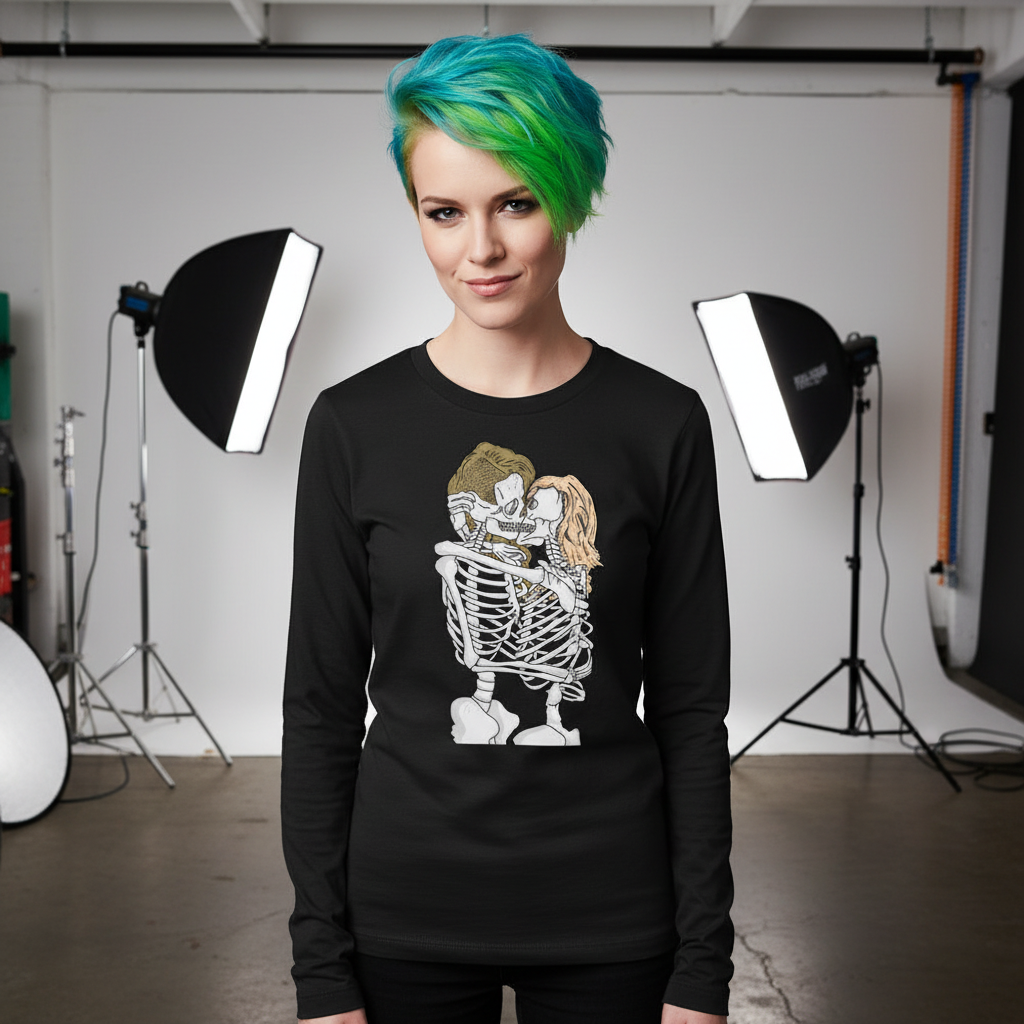 Model wearing a black long-sleeve shirt with two embracing skeletons printed on the front