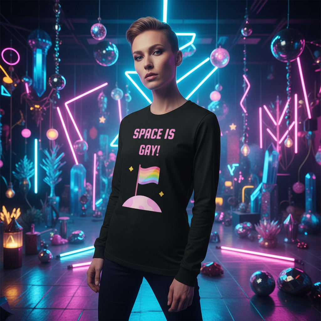Space Is Gay unisex long sleeve tee, pink and white "SPACE IS GAY!" text, rainbow pride flag on the moon, neon-lit vibe.