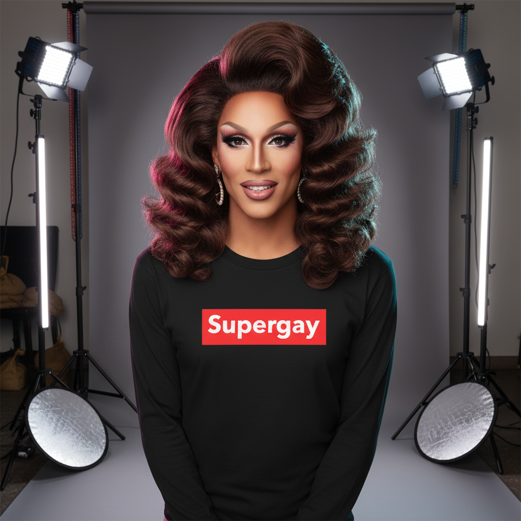 Supergay Unisex Long Sleeve T-Shirt featuring a bold red logo on a black shirt, modeled by a person with styled hair and makeup, embodying vibrant queer pride and self-expression against a studio backdrop.