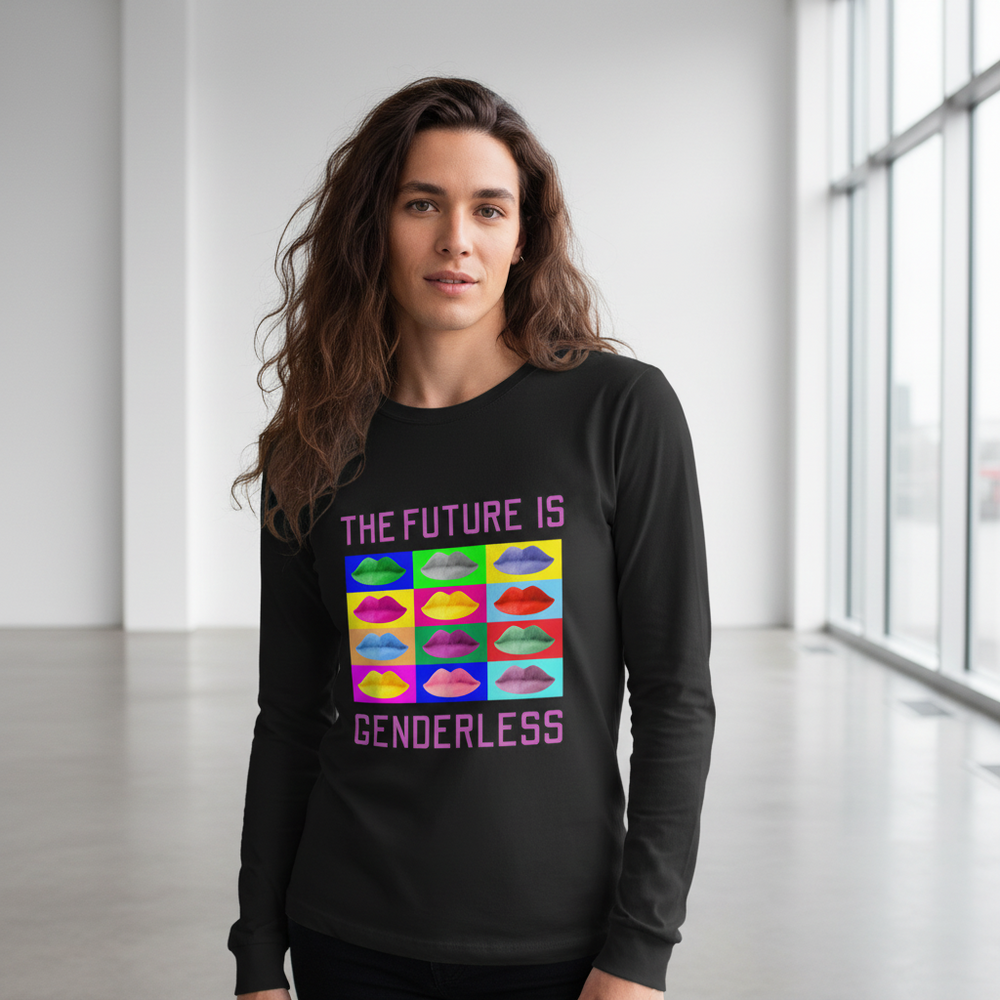 Model wearing a black long-sleeve shirt reading “THE FUTURE IS GENDERLESS” above colorful lips