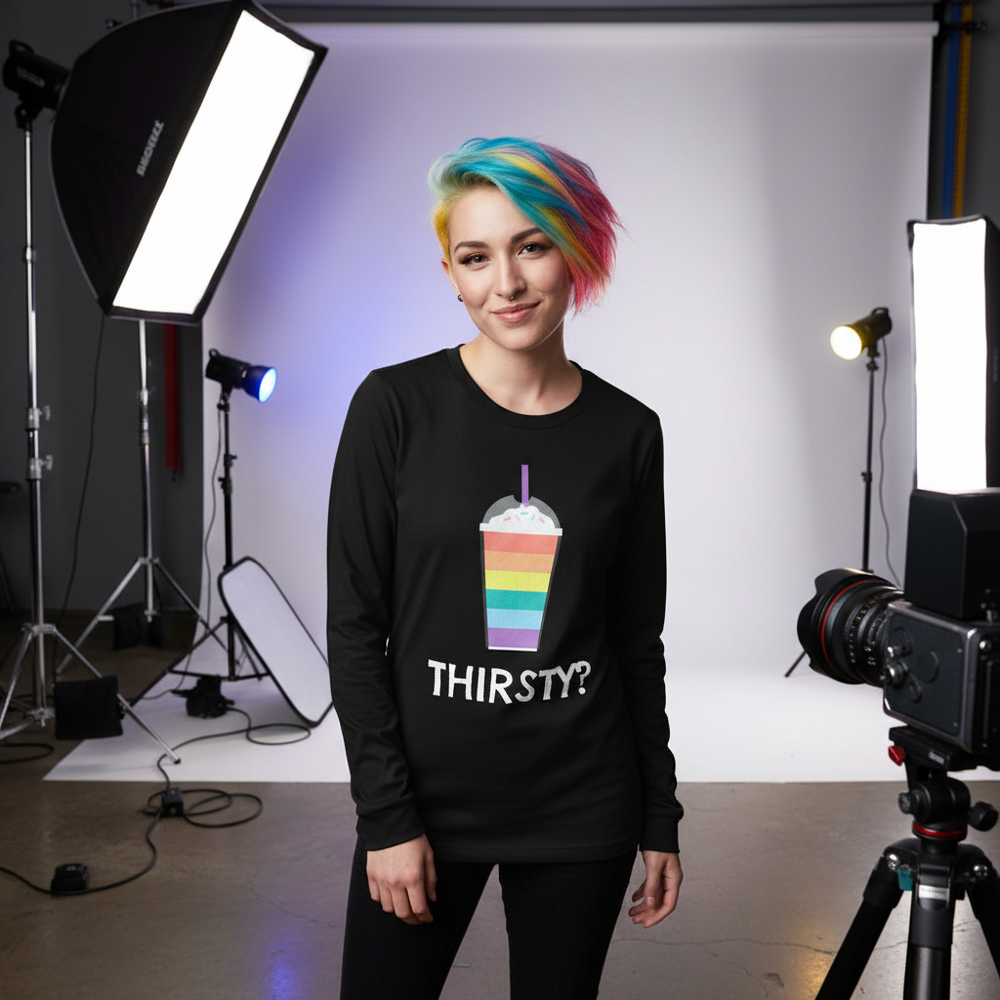 Model wearing a black long-sleeve shirt with a rainbow drink graphic and “THIRSTY?” text