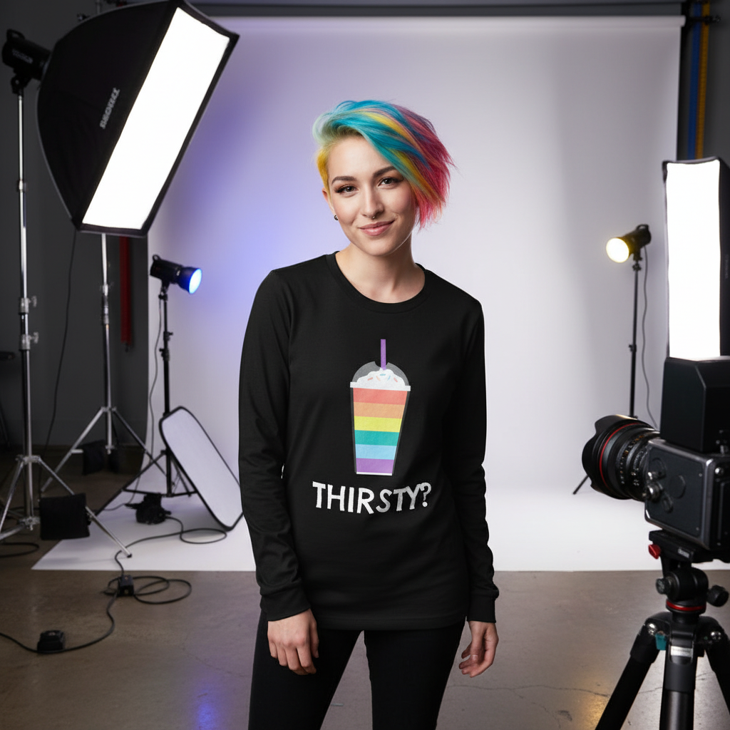 Model wearing a black long-sleeve shirt with a rainbow drink graphic and “THIRSTY?” text