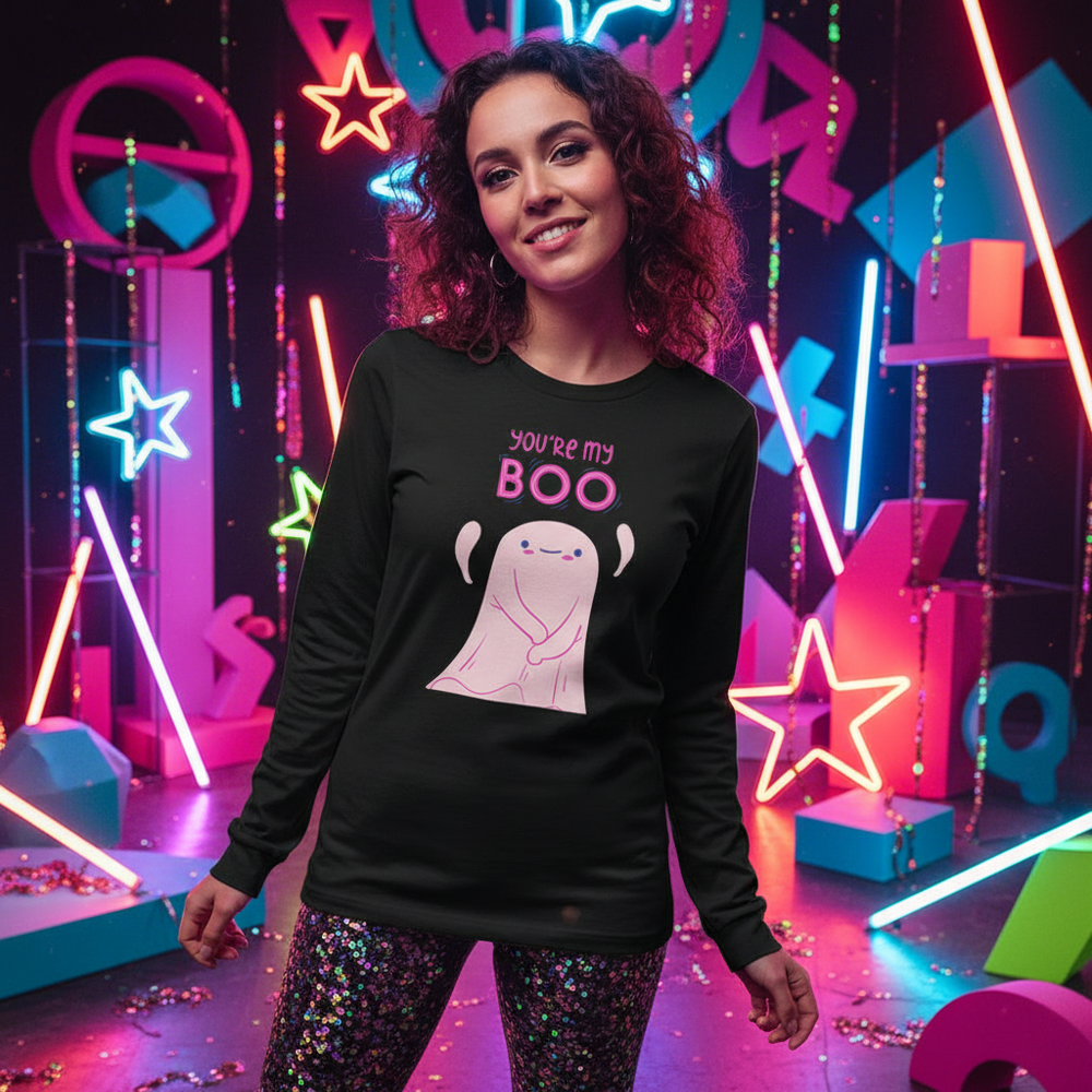 Model wearing a black long-sleeve shirt reading “You’re My Boo” with a smiling ghost graphic