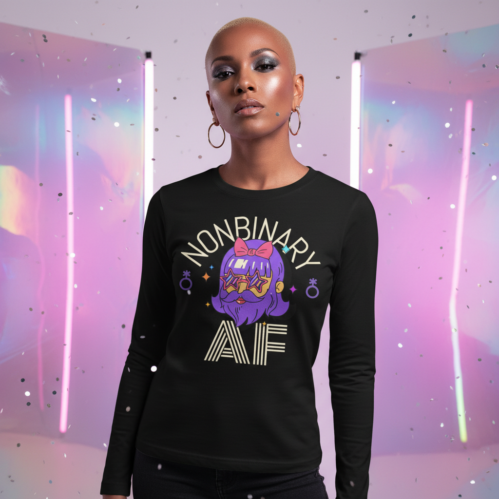 Nonbinary AF Unisex Long Sleeve Tee with cartoon in star shades and pink bow, worn by shaved-head model; neon and holographic queer vibe.