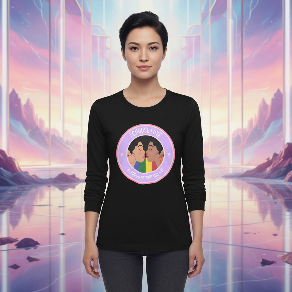 Front-facing model wearing a black long-sleeve shirt with two people kissing over a rainbow graphic