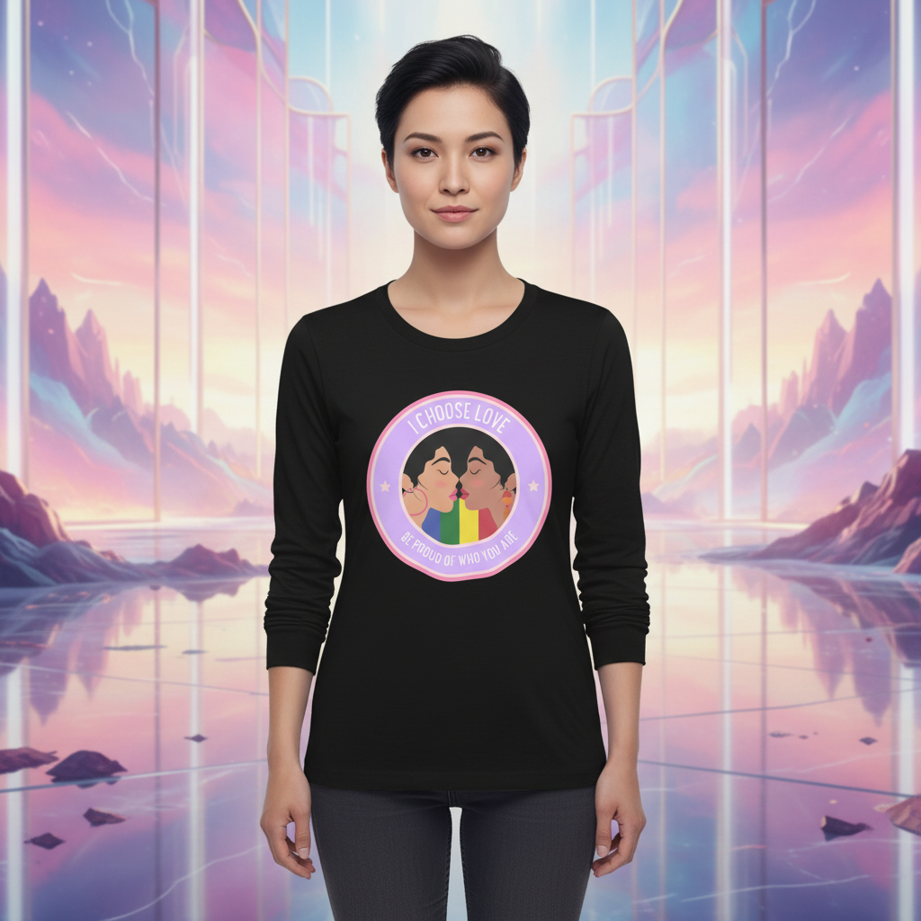Front-facing model wearing a black long-sleeve shirt with two people kissing over a rainbow graphic