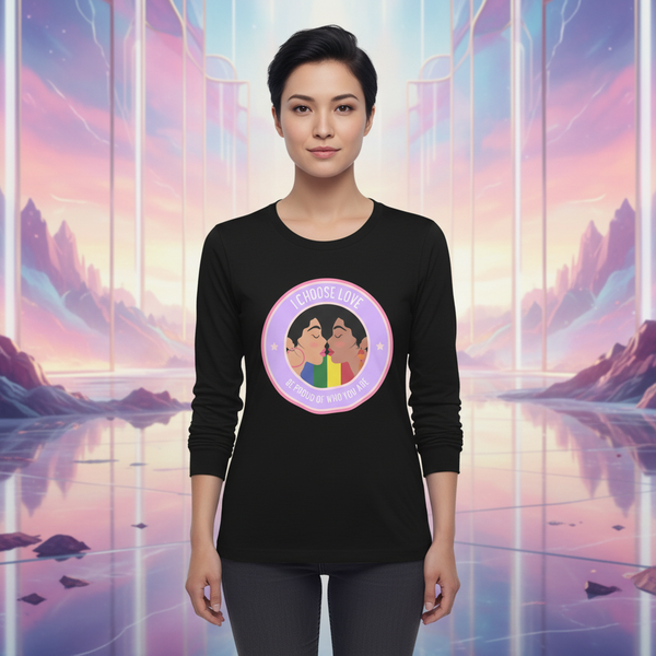 Front-facing model wearing a black long-sleeve shirt with two people kissing over a rainbow graphic