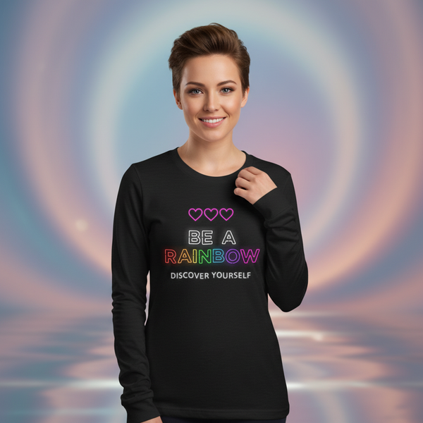 Front-facing model wearing a black long-sleeve shirt reading “BE A RAINBOW” and “DISCOVER YOURSELF.”