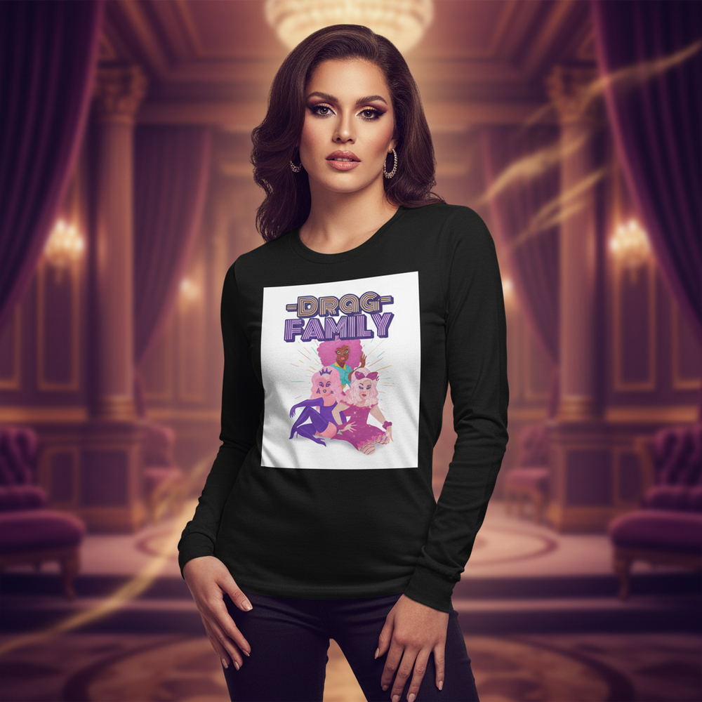 Model wearing a black long-sleeve shirt with a DRAG FAMILY graphic and three illustrated figures