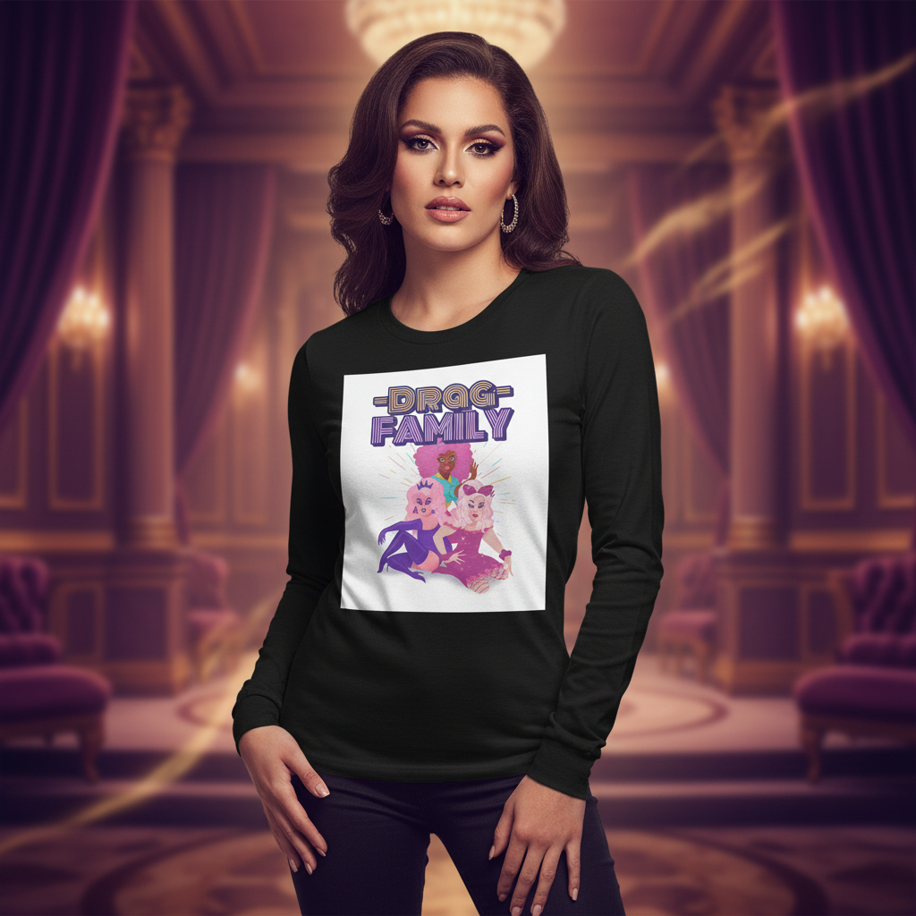 Model wearing a black long-sleeve shirt with a DRAG FAMILY graphic and three illustrated figures