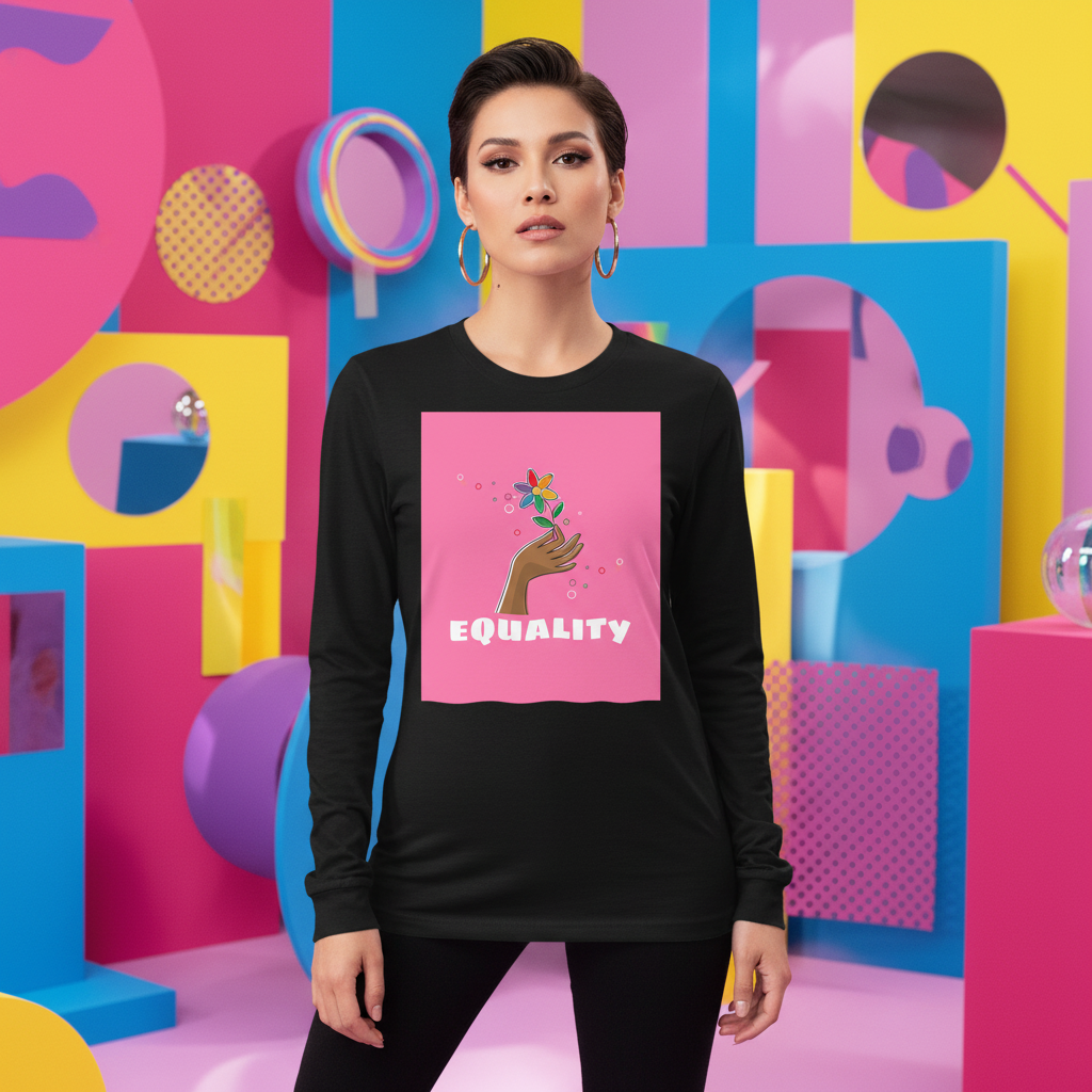 Front-view model wearing a black long-sleeve shirt with a pink flower-and-hand EQUALITY graphic