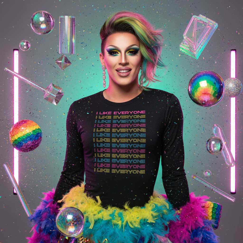 Drag performer modeling a black long-sleeve shirt reading “I LIKE EVERYONE” in rainbow lettering