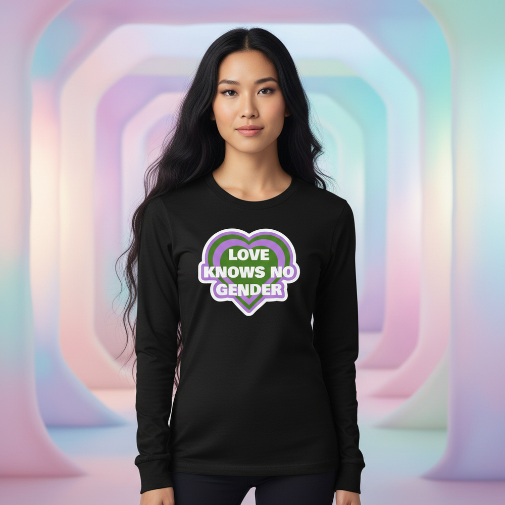 Front view of a person wearing a black long-sleeve shirt with a heart reading “LOVE KNOWS NO GENDER”