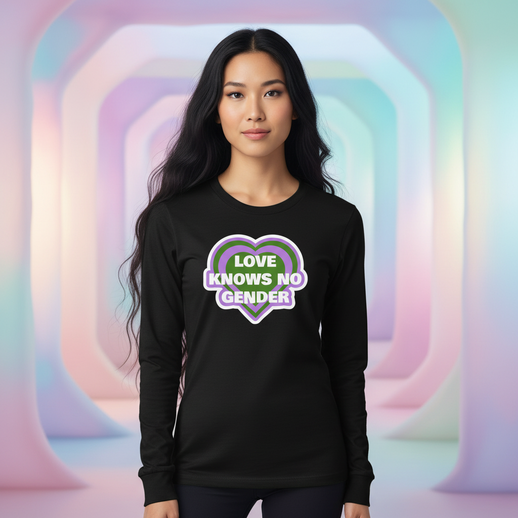 Front view of a person wearing a black long-sleeve shirt with a heart reading “LOVE KNOWS NO GENDER”