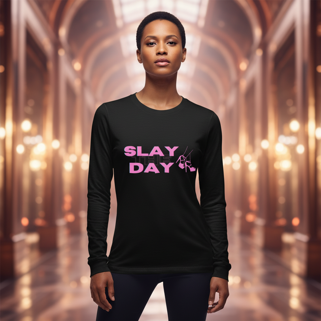 Model wearing a black long-sleeve shirt reading “SLAY DAY” with a pink high-heel graphic