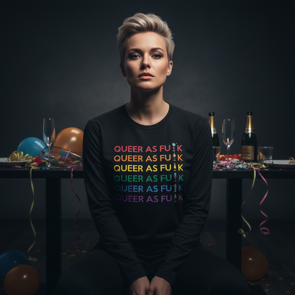 Model wearing a black long-sleeve shirt with six rainbow “QUEER AS F**K” lines