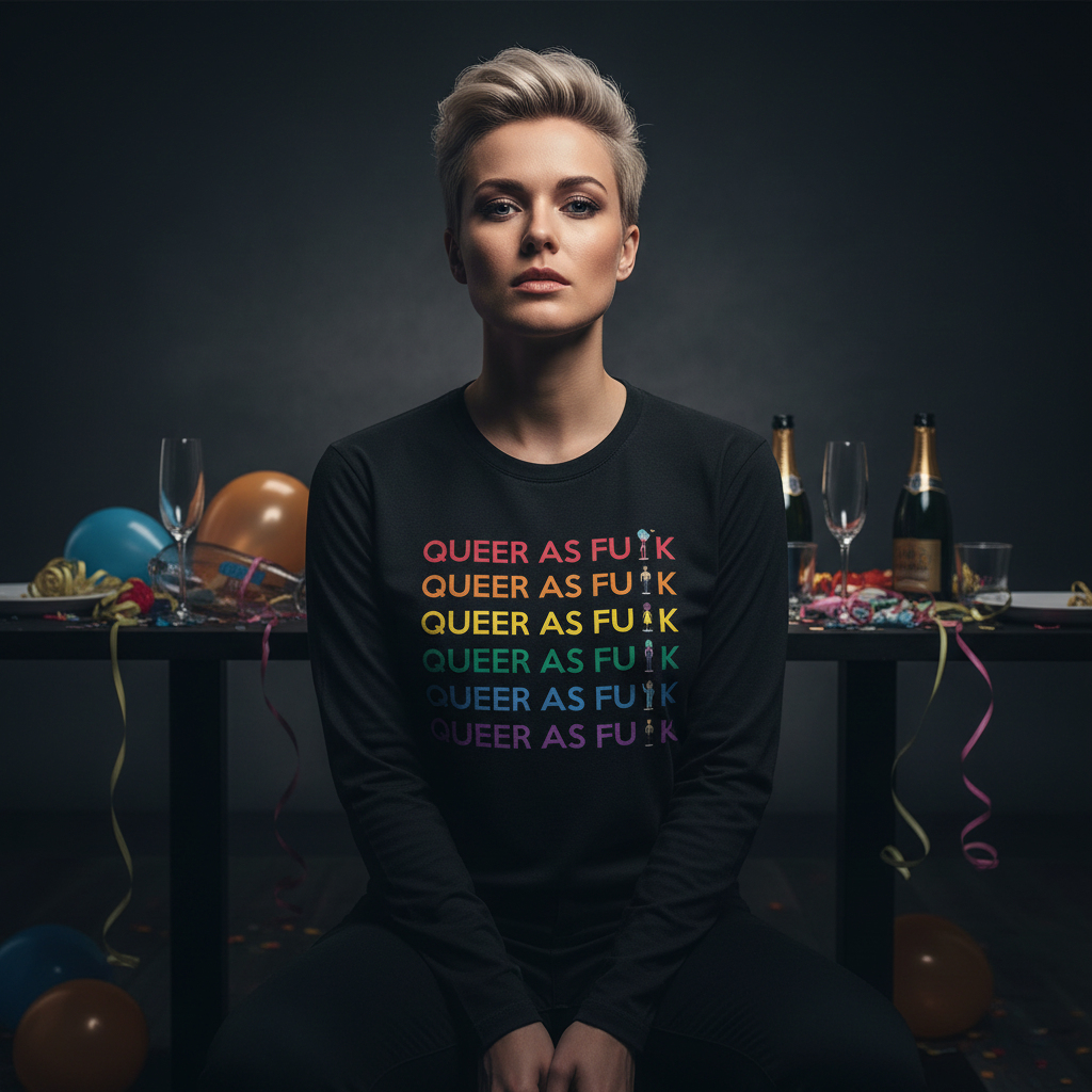 Model wearing a black long-sleeve shirt with six rainbow “QUEER AS F**K” lines