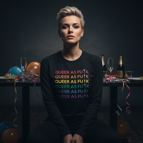 Model wearing a black long-sleeve shirt with six rainbow “QUEER AS F**K” lines