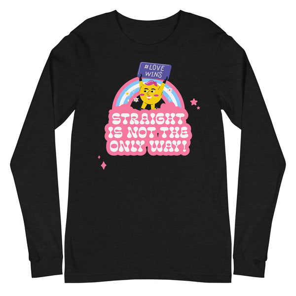 Unisex long sleeve tee, soft cotton; features a bold yellow cat grinning, holding 