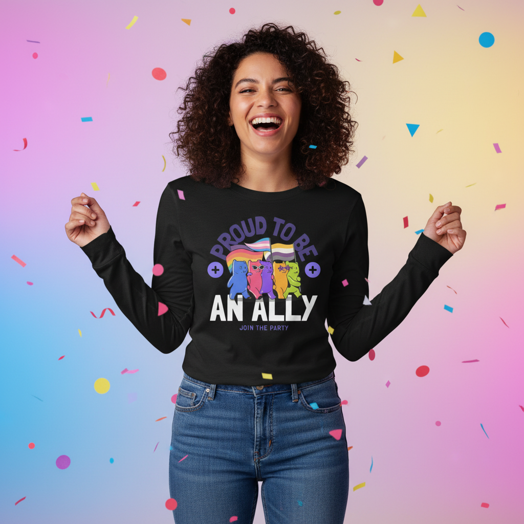 Young woman celebrates in a Proud to Be an Ally unisex long sleeve shirt, featuring rainbow cartoon cats with LGBTQ+ flags, embodying Queer In The World's empowering, prideful, and inclusive fashion spirit.