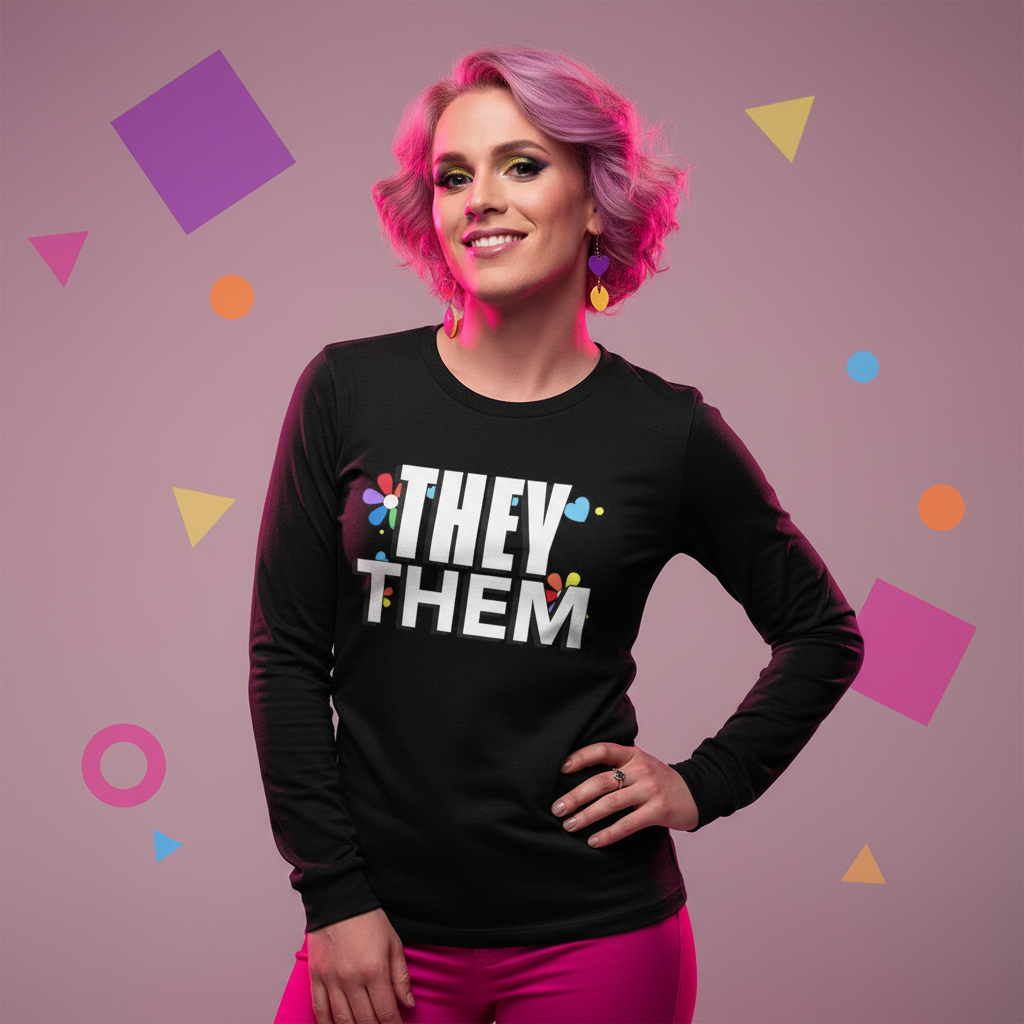 Person with pink-purple hair and heart earrings wears the They / Them Unisex Long Sleeve T-Shirt, embodying prideful self-expression against a geometric backdrop. Confidently posing, they celebrate identity and empowerment.