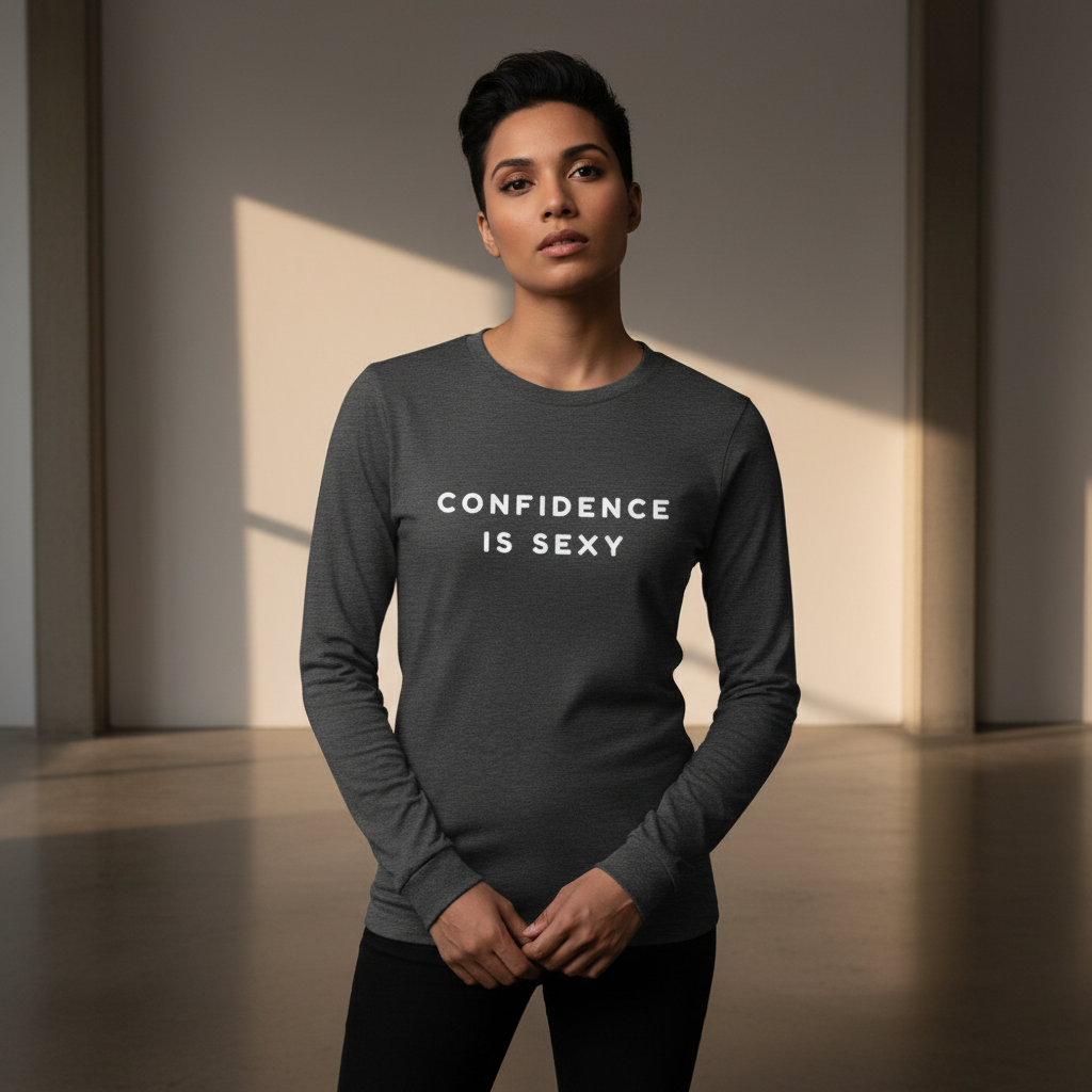 Unisex long sleeve tee with bold white “CONFIDENCE IS SEXY” slogan; calm, short-haired person stands in soft window light.
